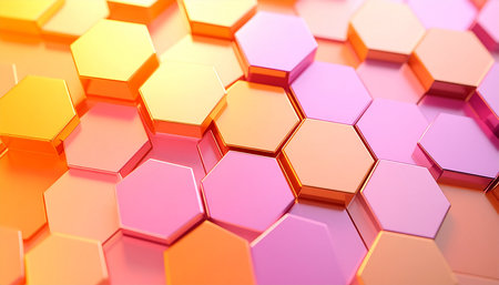 3d rendering of abstract background with hexagons in orange and pink colorの素材