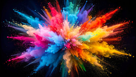 Explosion of colored powder, isolated on black background. 3d renderingの素材