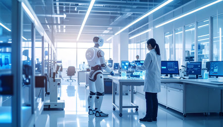 Two female robots working together in a modern laboratory. This is a 3d render illustrationの素材