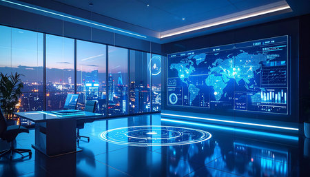 Futuristic office interior with glowing blue hologram screens. 3d renderingの素材