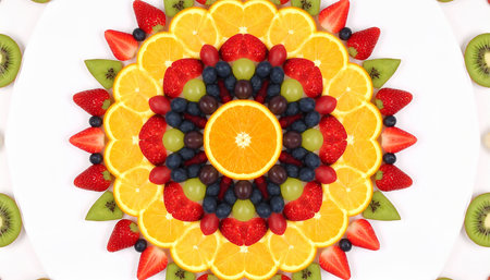 Fruit salad on a white plate with kiwi and orangeの素材