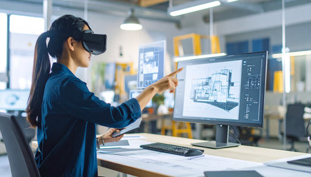 Side view of young Asian woman using virtual reality headset while working in officeの素材