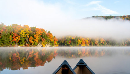 Foggy morning on a lake in the autumn forest. Beautiful autumn landscapeの素材