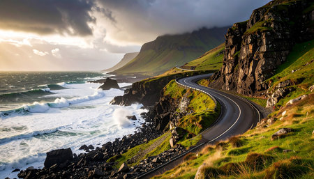 Coastal road on the Faroe Islands, autonomous region of the Kingdom of Denmarkの素材