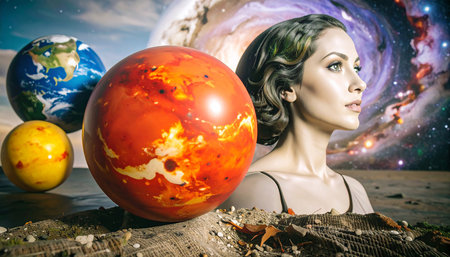 Beautiful young woman with planets in her hands. Elements of this image furnished by NASAの素材
