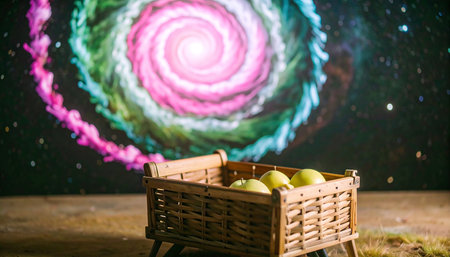 Ripe apples in a wooden basket on a background of the starry skyの素材