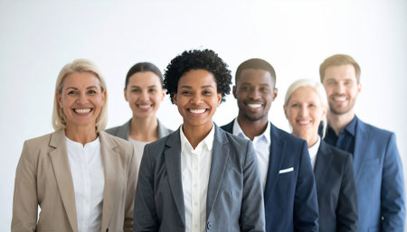 Portrait of smiling businesswoman standing in front of her team in officeの素材