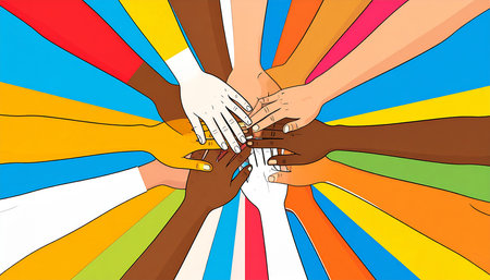 Multiracial group of hands forming a circle on a colorful backgroundの素材