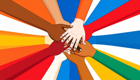 Illustration of a group of people holding hands together on colorful backgroundの素材