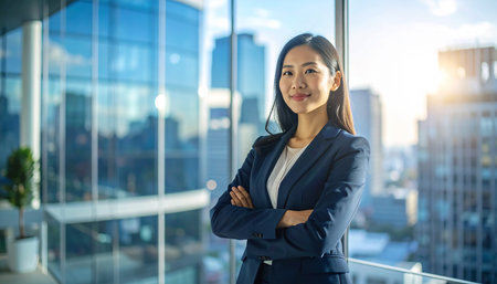Portrait of young asian businesswoman standing with crossed arms in office buildingの素材