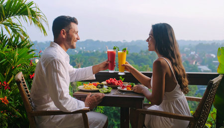 Young couple having breakfast in the morning on the terrace of a hotelの素材