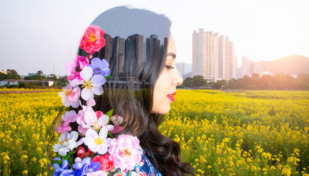 Portrait of beautiful asian woman with flowers in her hair outdoorの素材
