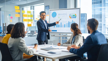 Businessman giving presentation to his colleagues in boardroom at office. Business meeting concept.の素材