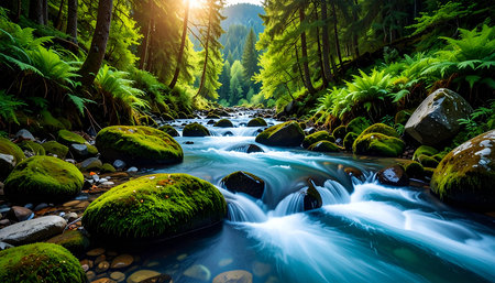 Mountain stream in the forest at sunrise. Beautiful nature landscape.の素材
