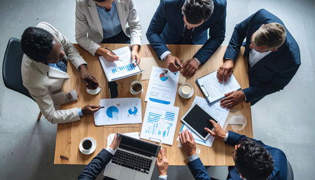 Top view of business people sitting at table in office and discussing business planの素材