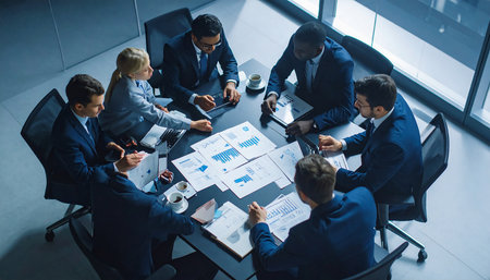 Group of business people discussing the charts and graphs showing the results of their successful teamworkの素材