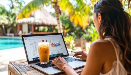 Young woman using laptop and drinking coffee at tropical resort. Work from home concept.の素材