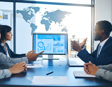 Business people sitting at table in office and discussing financial report. Businessman pointing at computer screen.の素材