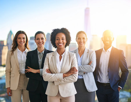 business, people and teamwork concept - group of smiling businesspeople over city backgroundの素材