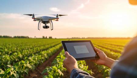 Drone quadcopter with digital camera flying over field of soybean plants at sunsetの素材