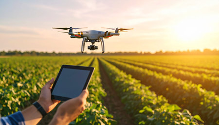 Drone quadcopter flying over green soybean field at sunsetの素材