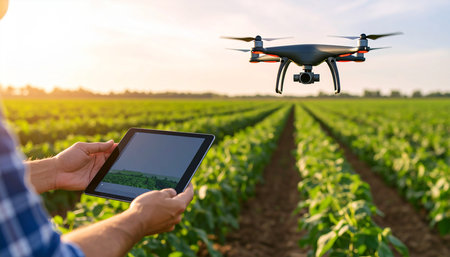 Farmer using drone quadcopter and digital tablet on agriculture fieldの素材