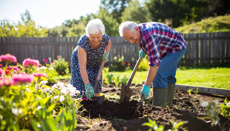 Senior couple planting flowers in the garden on a sunny day (color toned image)の素材