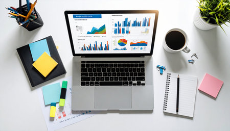 Laptop on office table with financial reports and a cup of coffeeの素材