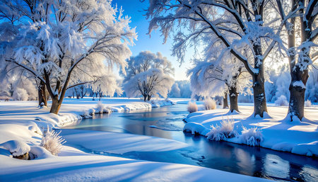 Beautiful winter landscape with river and trees in hoarfrost.の素材