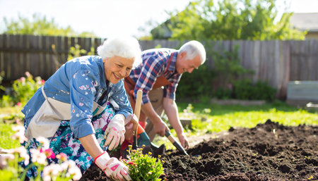 Senior couple planting flowers in the garden. Focus on the old womanの素材