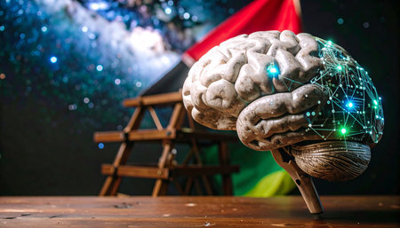 Human brain model on the background of the night starry sky.の素材