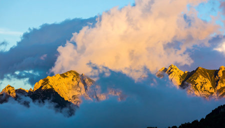 Mountains in the clouds at sunset, Himalayas, Nepalの素材