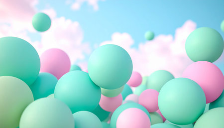 3d rendering of colorful balloons floating in the sky with clouds backgroundの素材