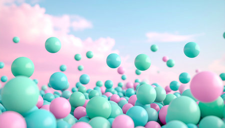 3d rendering of many colorful spheres floating in the sky with cloudsの素材
