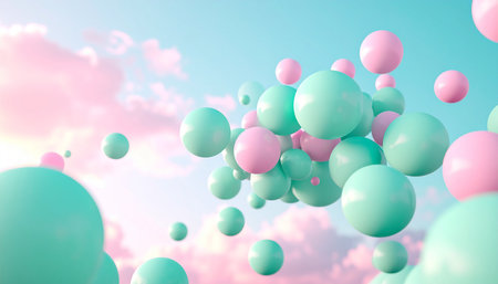3d rendering of pink and blue spheres floating in the blue skyの素材