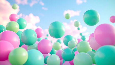 Colorful balloons floating in the blue sky, 3d render illustrationの素材