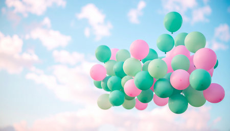 Colorful balloons flying in the blue sky - vintage effect style picturesの素材