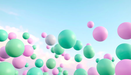 Abstract background with pink and green spheres floating in the air. 3D rendering.の素材
