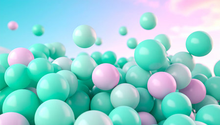 3d rendering of a group of green and pink balloons against a blue skyの素材