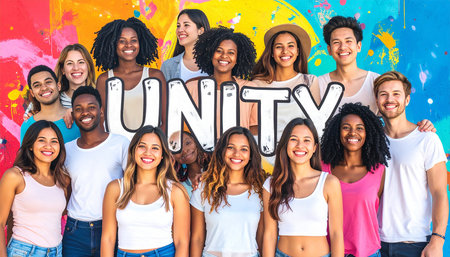 Multiethnic group of people on a graffiti wall - Diversity conceptの素材