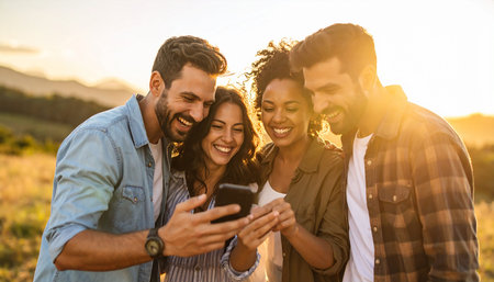 Group of friends taking a selfie with mobile phone on a sunny dayの素材