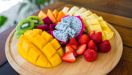 Mixed tropical fruits on wooden plate. Healthy eating and dieting concept.の素材