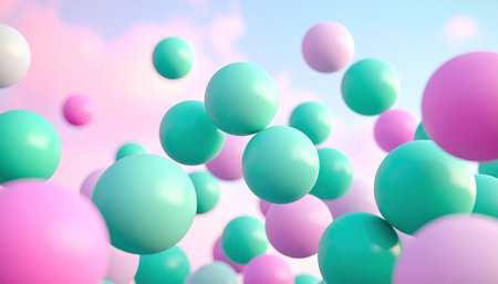 3d rendering of multicolored balls floating in the blue skyの素材