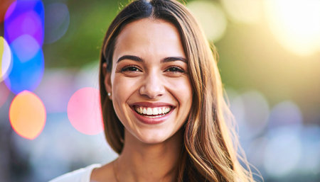 Close up portrait of a beautiful young woman smiling and looking at camera outdoorsの素材