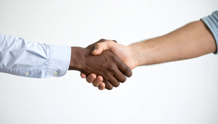 Close up of two businessmen shaking hands on white background. Teamwork conceptの素材