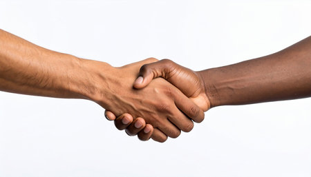 Close-up of black people shaking hands on white background. Partnership conceptの素材