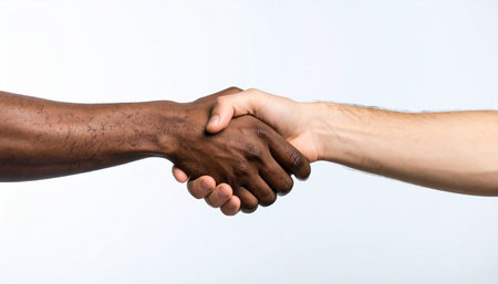 Close up of african american man and caucasian man shaking handsの素材