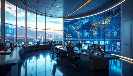 Futuristic office interior with computers and world map. 3d renderingの素材