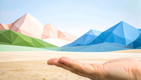 hand holding colorful paper mountain on blue sky background, business and success conceptの素材