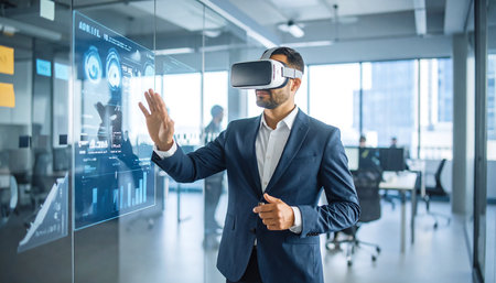 Businessman wearing virtual reality goggles in modern office. Business people using VR headset with virtual interface.の素材
